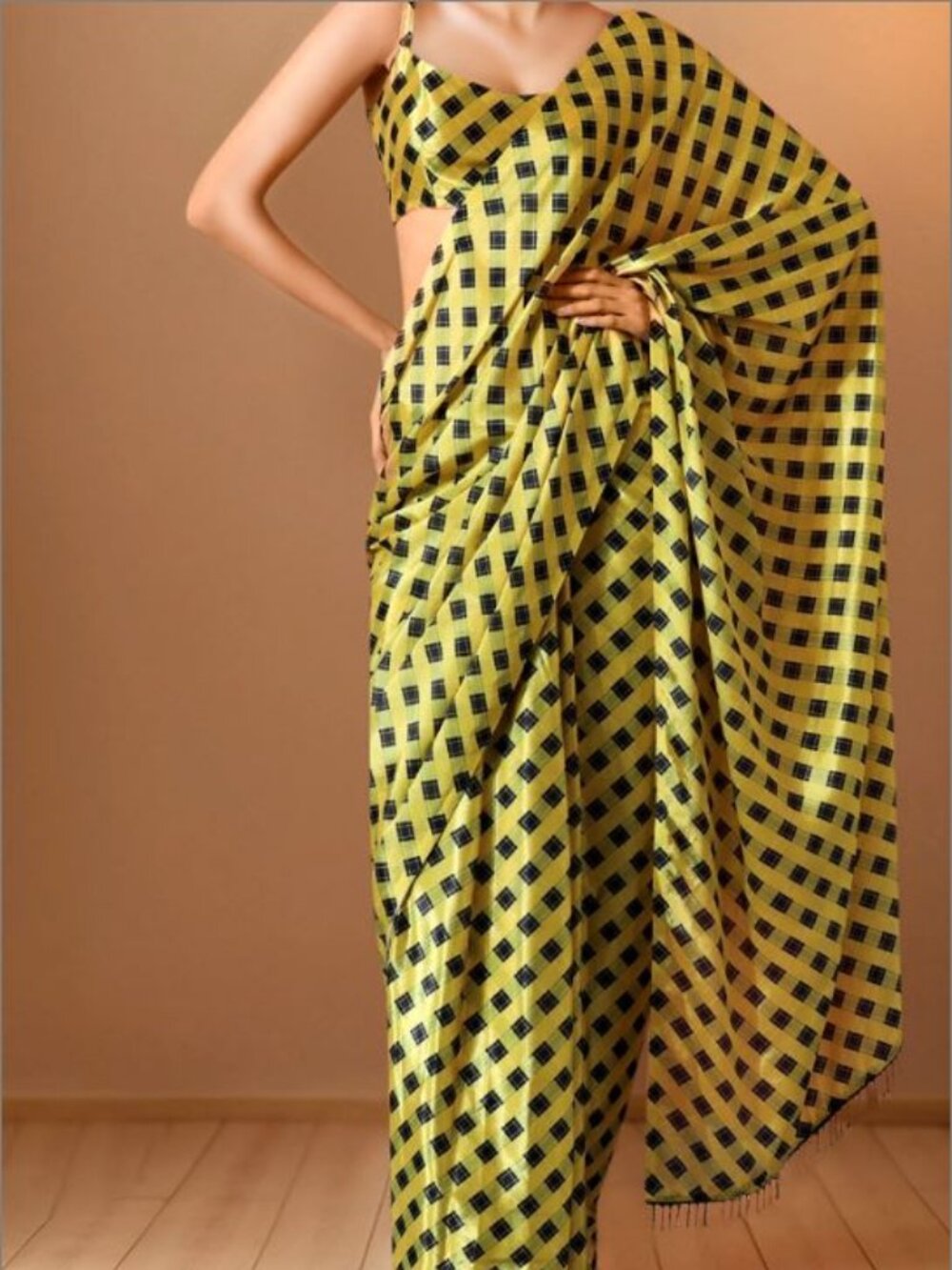 Yellow & Black Printed Pre-Draped Saree Designer saree New